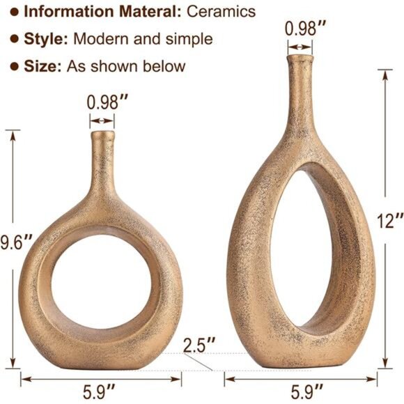 NEW Gold Ceramic Hollow Elliptical Vase Set of 2 - Boho Circle Vase with Hole, - Picture 3 of 7